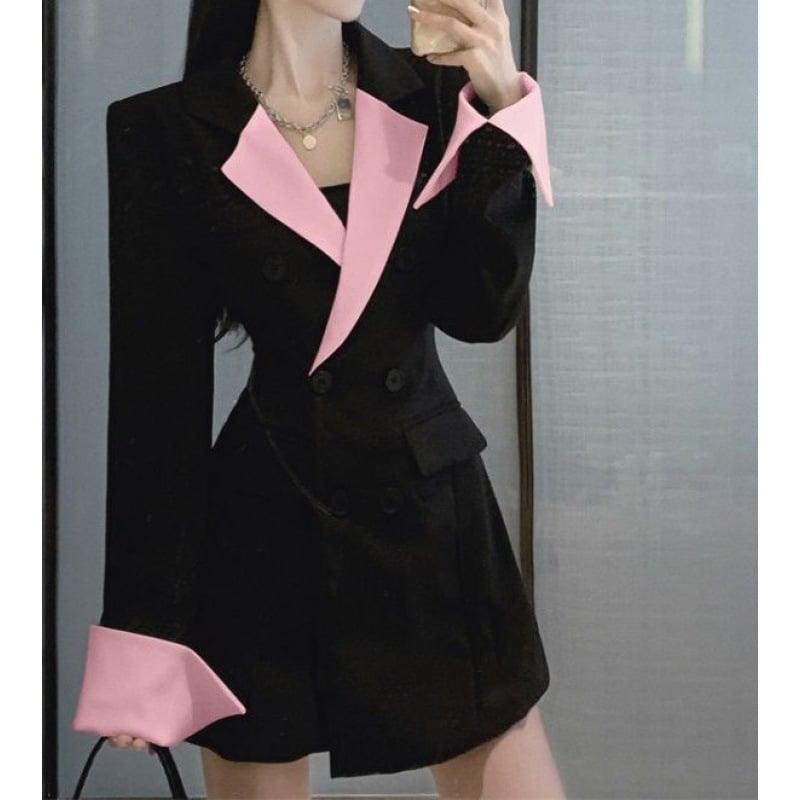 Contrast Color Long Sleeve Slim Fit Dress