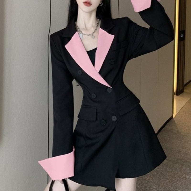 Contrast Color Long Sleeve Slim Fit Dress