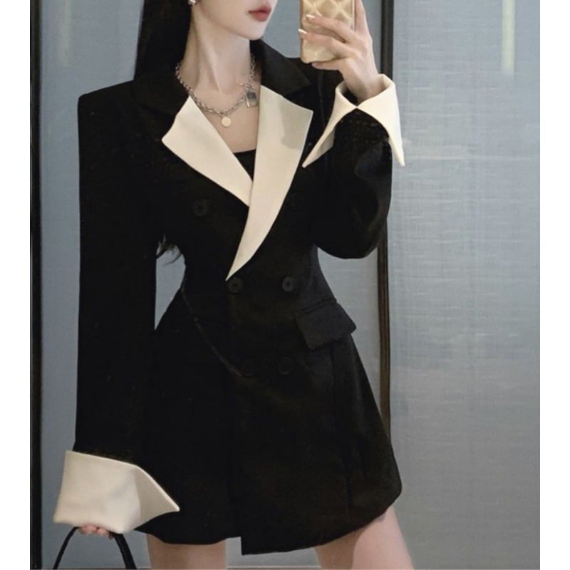 Contrast Color Long Sleeve Slim Fit Dress