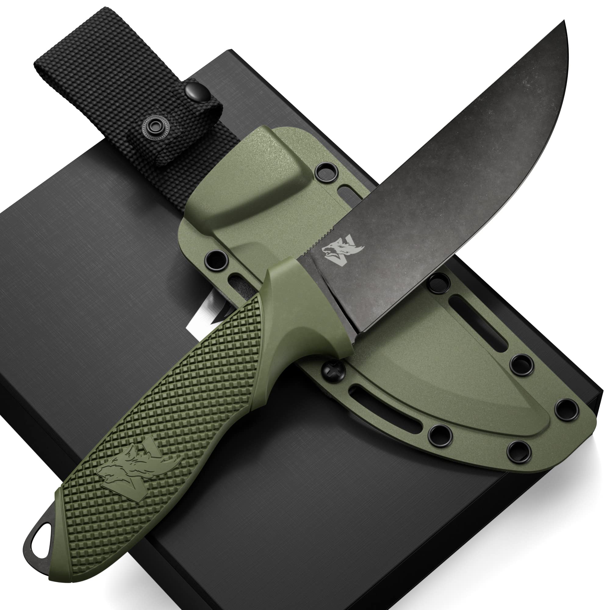 ODENWOLF W-FLAT Full Tang Survival Knife with Sheath - Stylish Tactical Fixed Blade Knife - Made of D2 Steel - Bushcraft and Camping Knife Survival - Perfect EDC Hunting Knife with TPE Handle